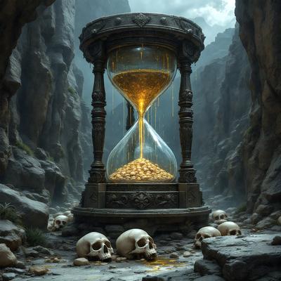 The primary subject of the image is a large, ornate clock with a gold face, which is situated in a cave-like setting. The clock is surrounded by a variety of skulls, creating a unique and eerie atmosphere. The setting is a combination of a rocky, cave-like environment and a more modern, digital art style. The colors in the image are predominantly dark, with the gold clock and the skulls being the main focal points.